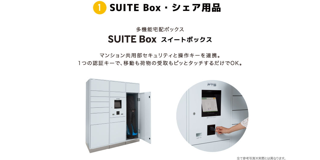 ①SUITE Box・シェア用品 多機能宅配ボックスSUITE Box スイートボックス マンション共用部セキュリティと操作キーを連携。1つの暗唱キーで、移動も荷物の受取もピッとタッチするだけでOK。