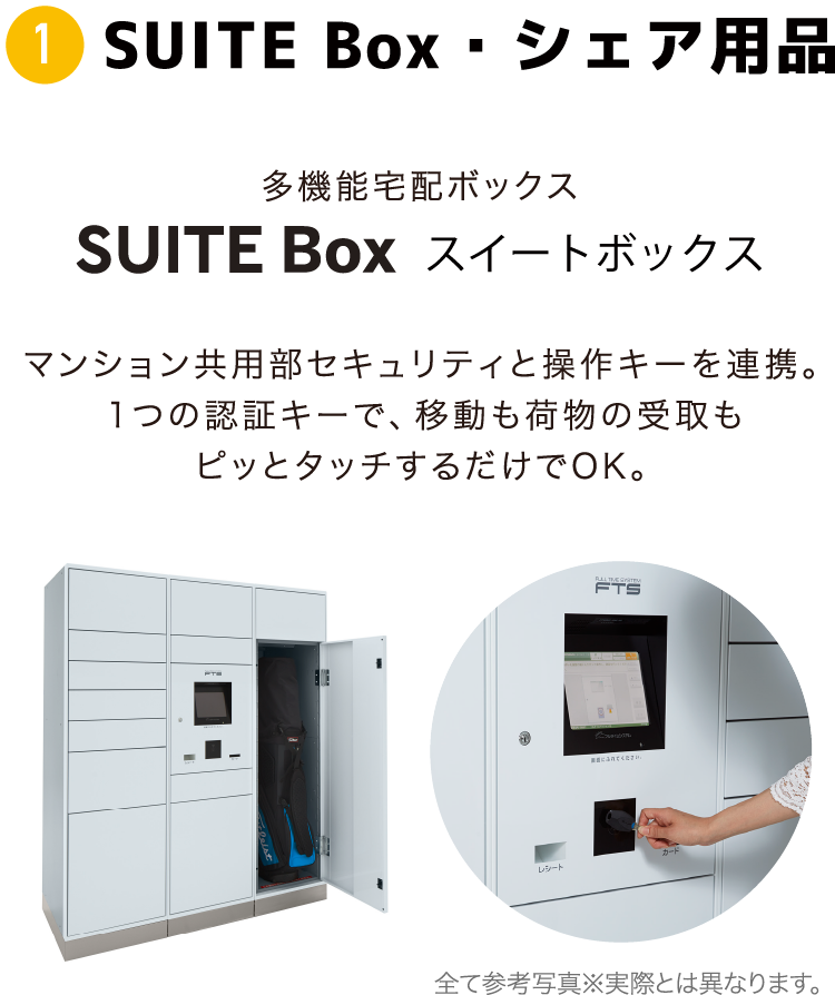 ①SUITE Box・シェア用品 多機能宅配ボックスSUITE Box スイートボックス マンション共用部セキュリティと操作キーを連携。1つの暗唱キーで、移動も荷物の受取もピッとタッチするだけでOK。