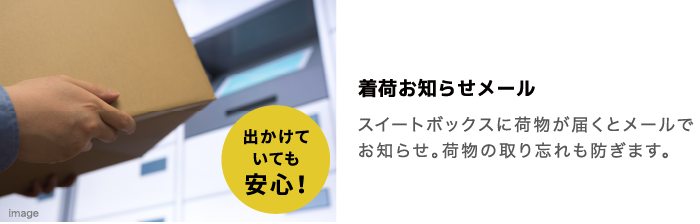 着荷お知らせメール スイートボックスに荷物が届くとメールでお知らせ。荷物の取り忘れも防ぎます。