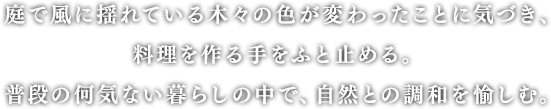 庭で風に揺れている木々の色が変わったことに気づき、料理を作る手をふと止める。普段の何気ない暮らしの中で、自然との調和を愉しむ。