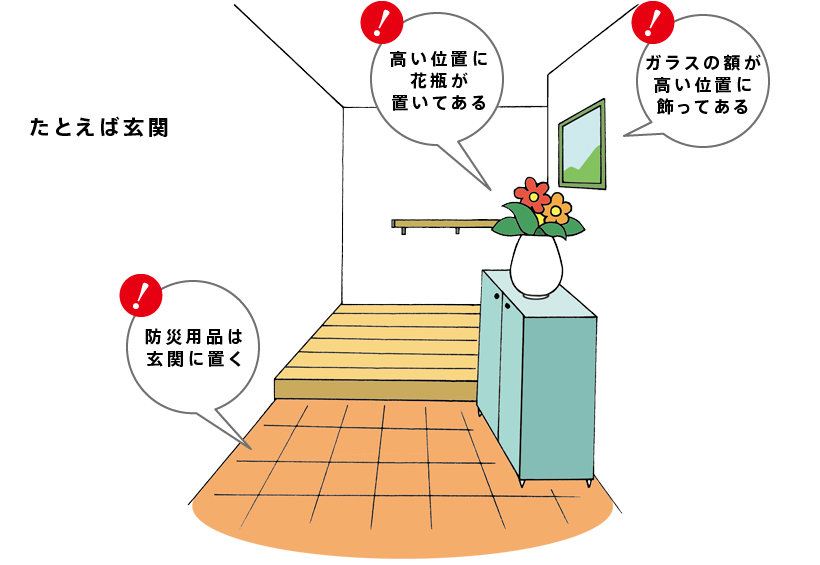 たとえば玄関 !防災用品は玄関に置く !高い位置に花瓶が置いてある !ガラスの額が高い位置に飾ってある