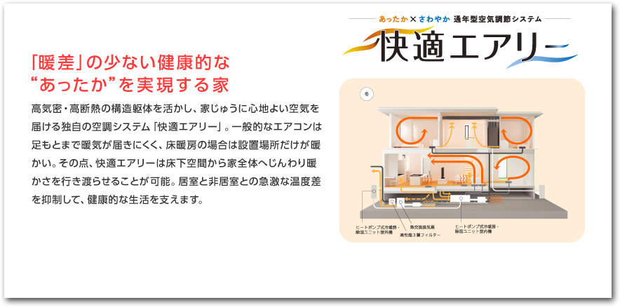 「暖差」の少ない健康的な “あったか” を実現する家／高気密・高断熱の構造躯体を活かし、家じゅうに心地よい空気を届ける独自の空調システム「快適エアリー」。一般的なエアコンは足もとまで暖気が届きにくく、床暖房の場合は設置場所だけが暖かい。その点、快適エアリーは床下空間から家全体へじんわり暖かさを行き渡らせることが可能。居室と非居室との急激な温度差を抑制して、健康的な生活を支えます。